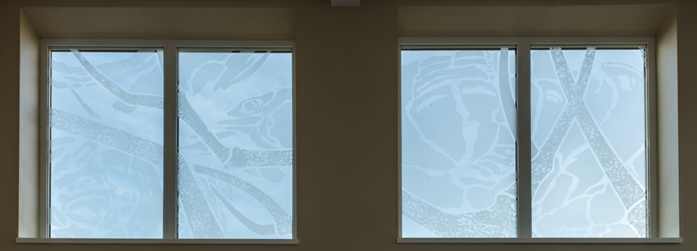 <em>Elder</em>, 2017, Etched glass, 15 x 22.25 x 22.25ft (top left panel, detail)